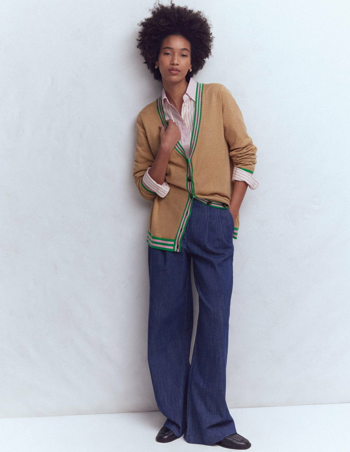 Boden Women V Neck Longline Cardigan-Camel Melange