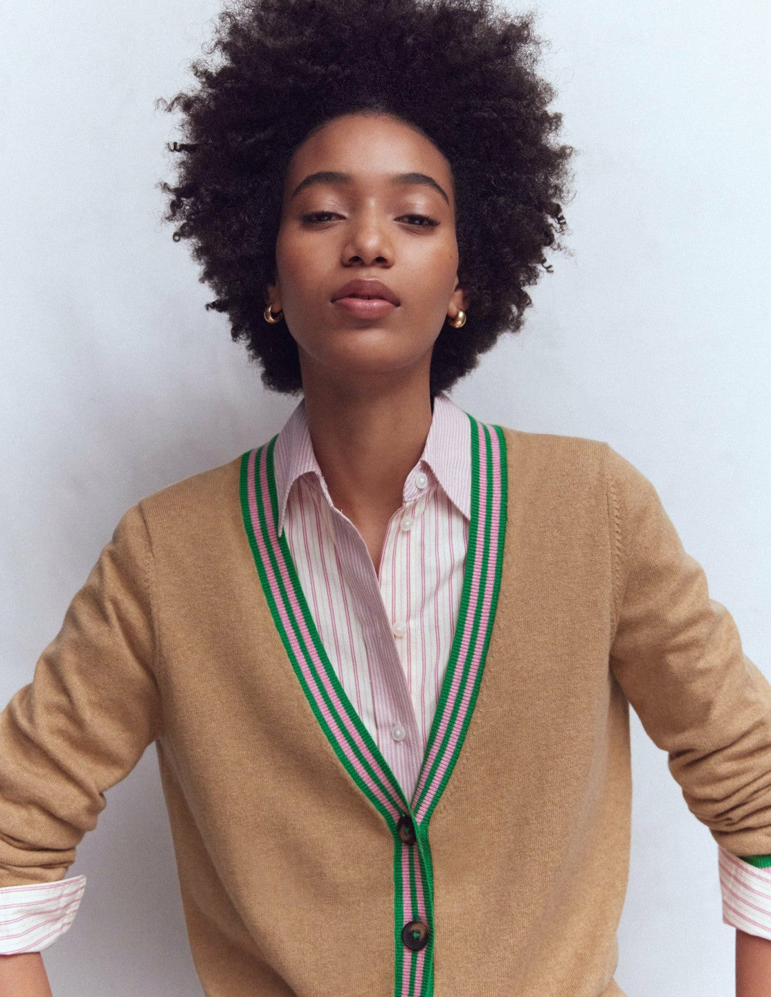 Boden Women V Neck Longline Cardigan-Camel Melange