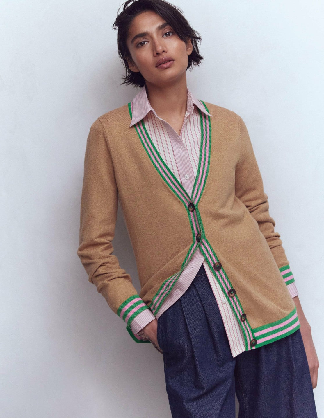 Boden Women V Neck Longline Cardigan-Camel Melange