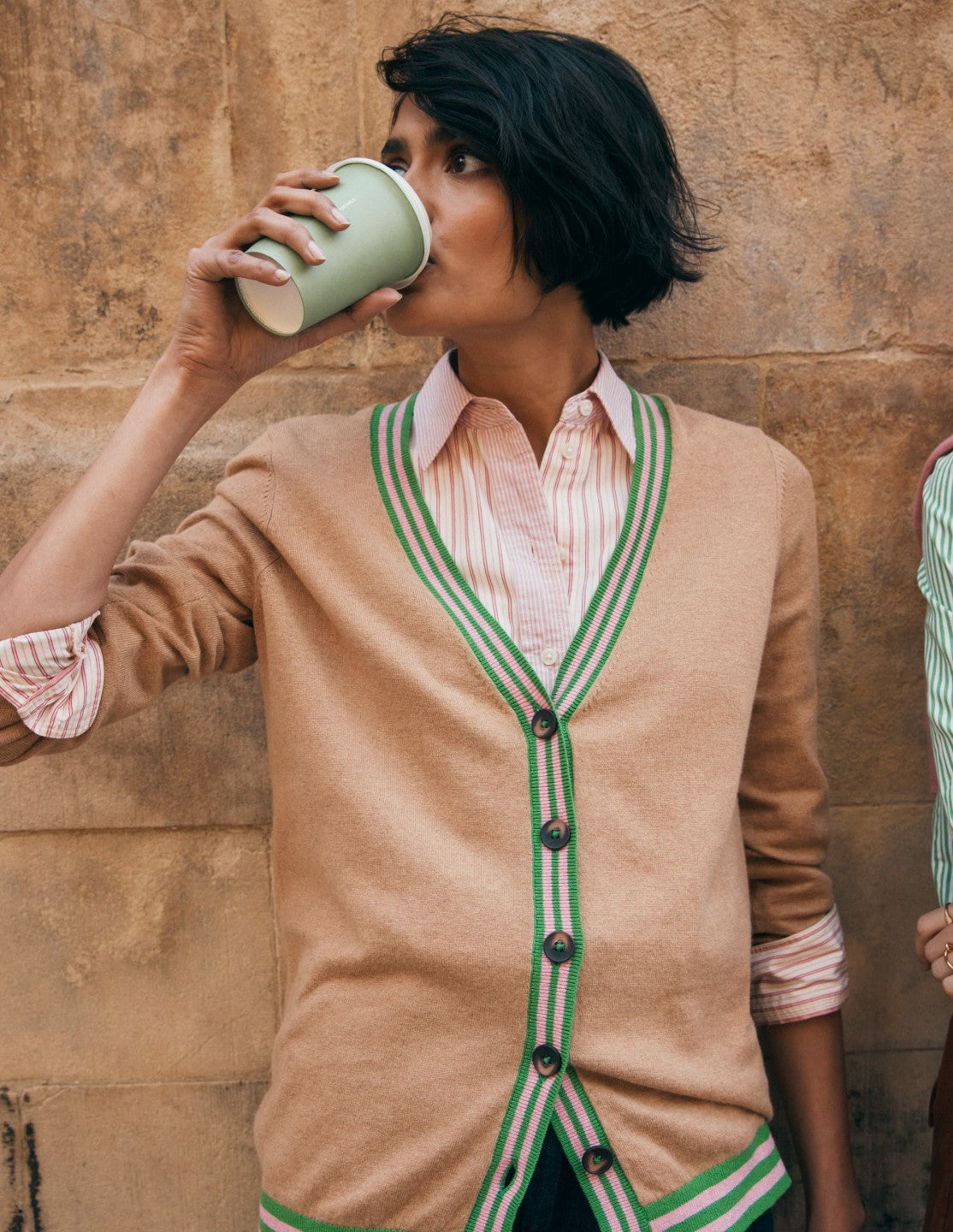 Boden Women V Neck Longline Cardigan-Camel Melange