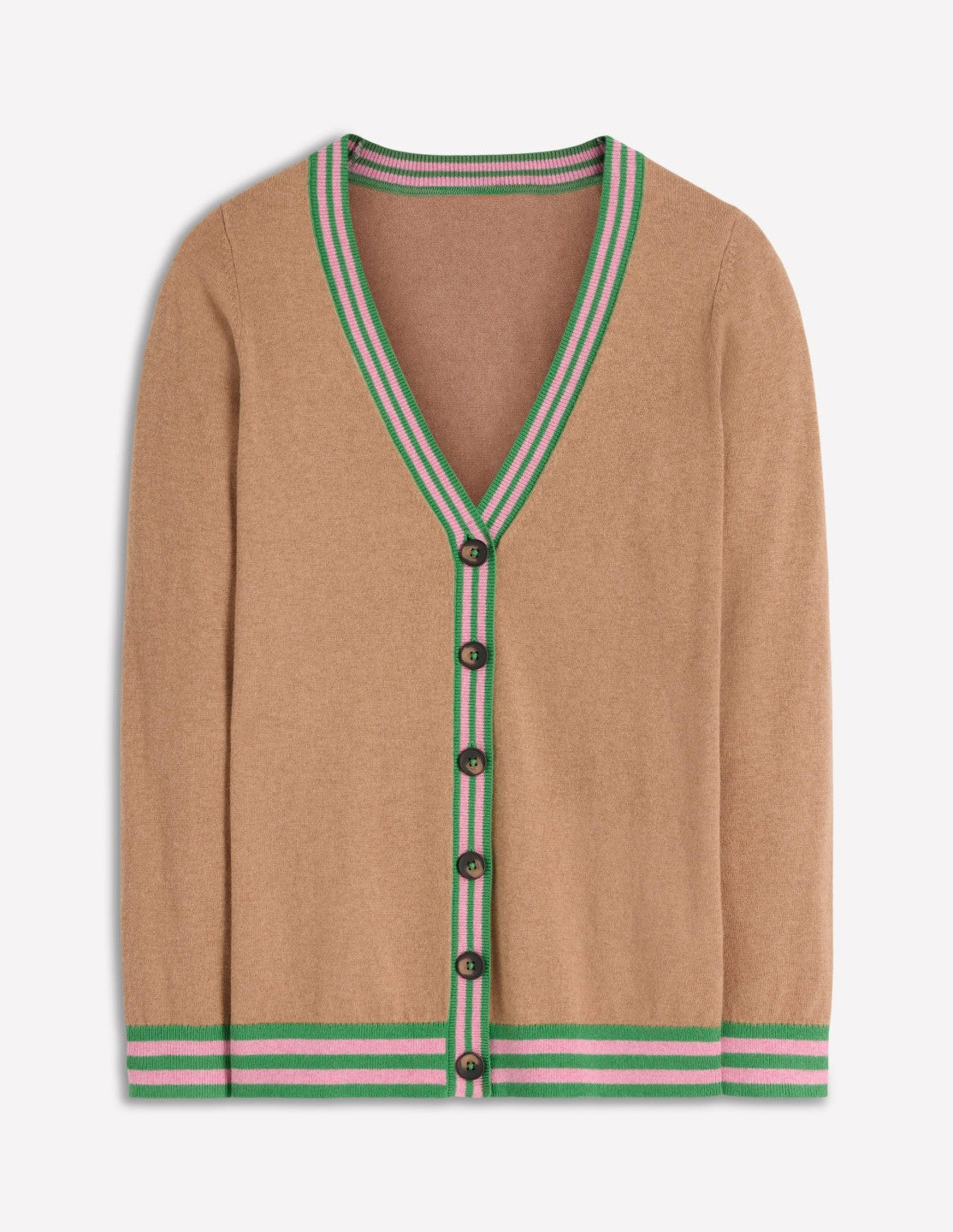 Boden Women V Neck Longline Cardigan-Camel Melange