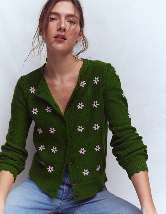 Boden Women Valeria Crochet Trim Cardigan-Promenade Green , Embroidery
