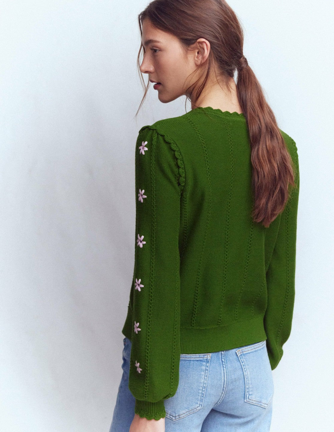 Boden Women Valeria Crochet Trim Cardigan-Promenade Green , Embroidery