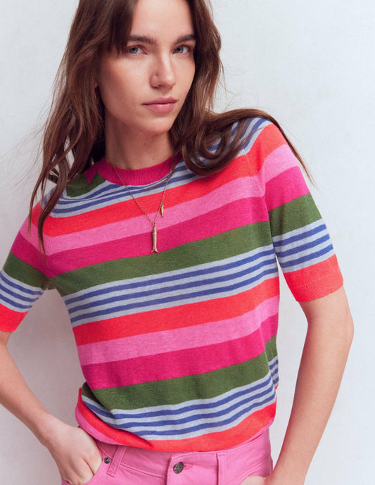 Boden Women Agnes Linen Button T-Shirt-Multi Stripe