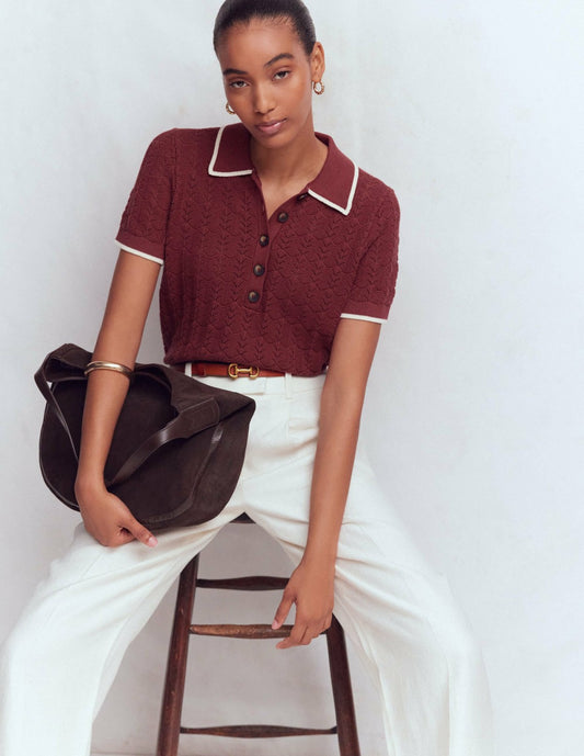 Boden Women Pointelle Henley T-shirt-Rich Chestnut