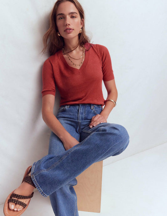 Boden Women Agnes Linen V Neck T-Shirt-Burnt Orange