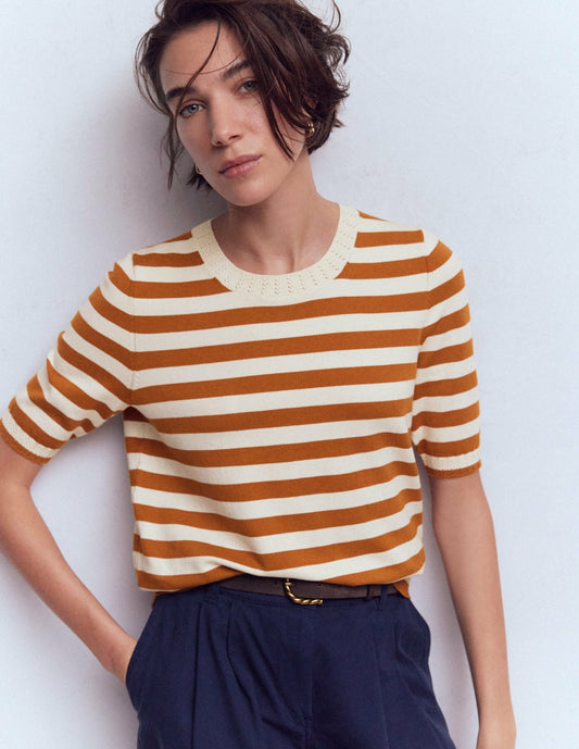 Boden Women Emilia Cotton Crew T-shirt-Cognac/ Warm Ivory