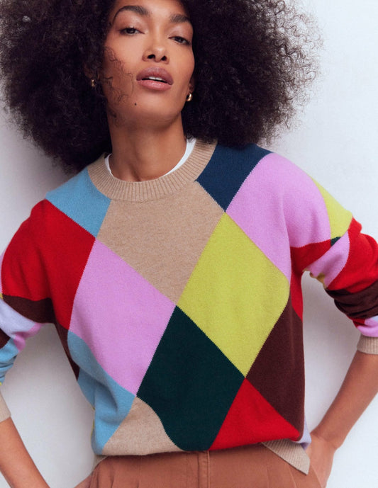 Boden Women Anastasia Cashmere Sweater-Multi Harlequin Jumper