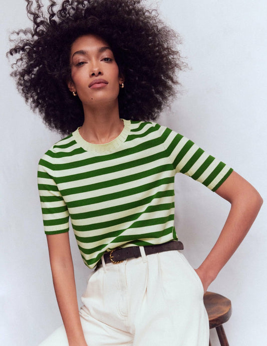 Boden Women Emilia Cotton Crew T-shirt-Promenade Green/ Ivory Stripe