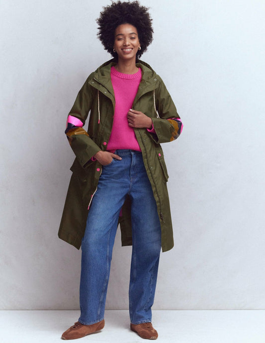 Boden Women Striped Longline Rain Mac-Woodland Green Stripe