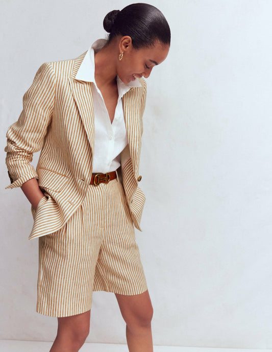 Boden Women Stamford Linen Blazer-Brown, Ivory Ticking Stripe