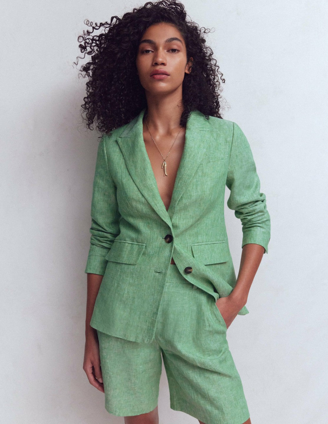 Boden Women Stamford Linen Blazer-Aloe Green Chambray
