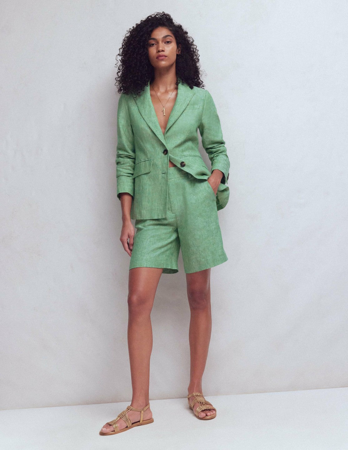Boden Women Stamford Linen Blazer-Aloe Green Chambray