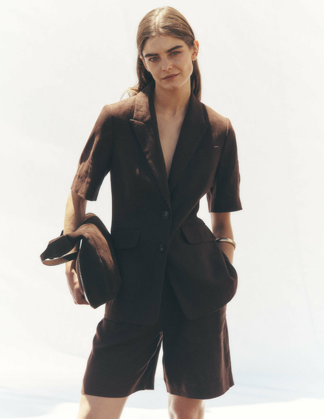 Boden Women Short Sleeve Linen Blazer-Bitter Chocolate