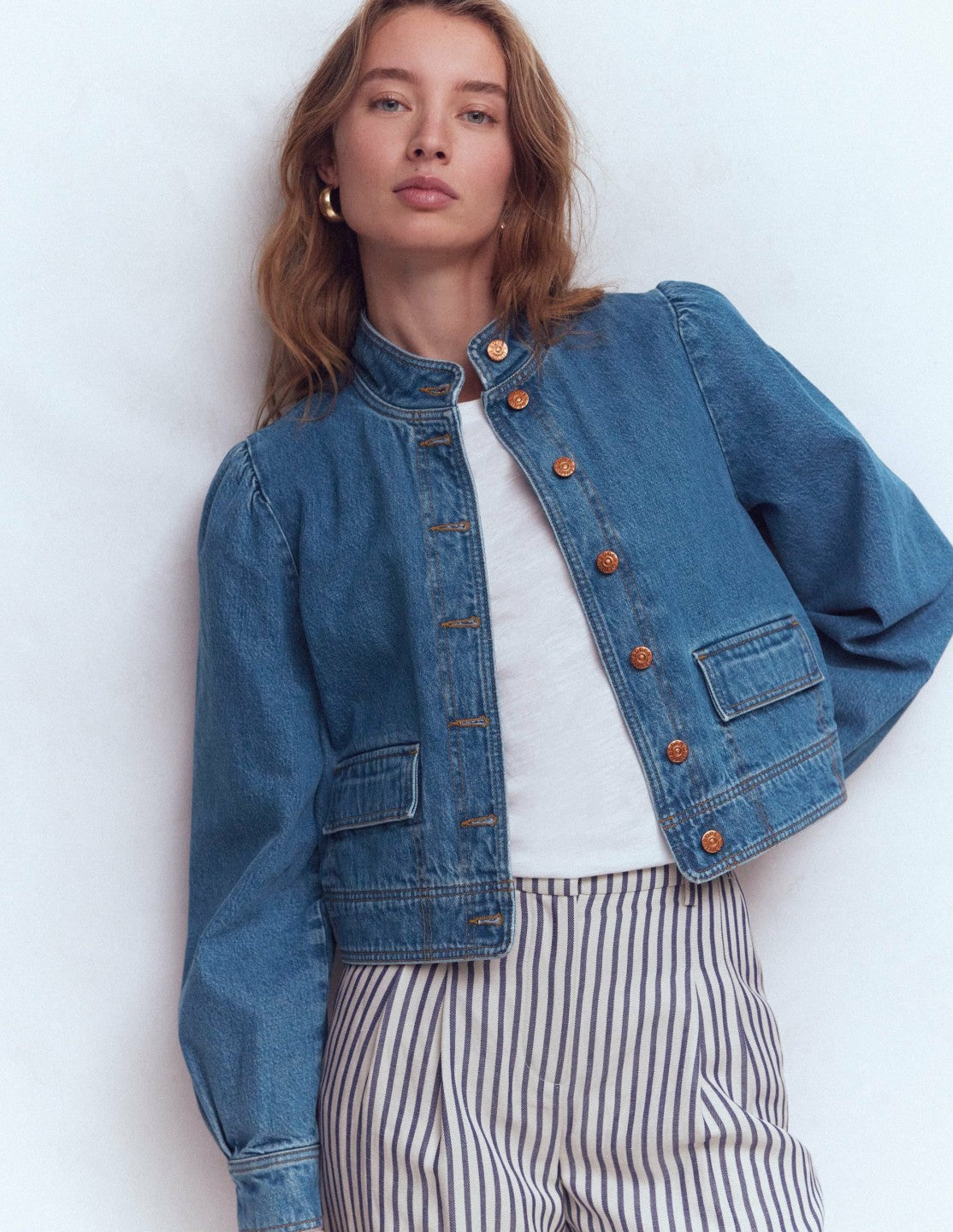 Boden Women Topstitch Denim Jacket-Mid Wash, Denim