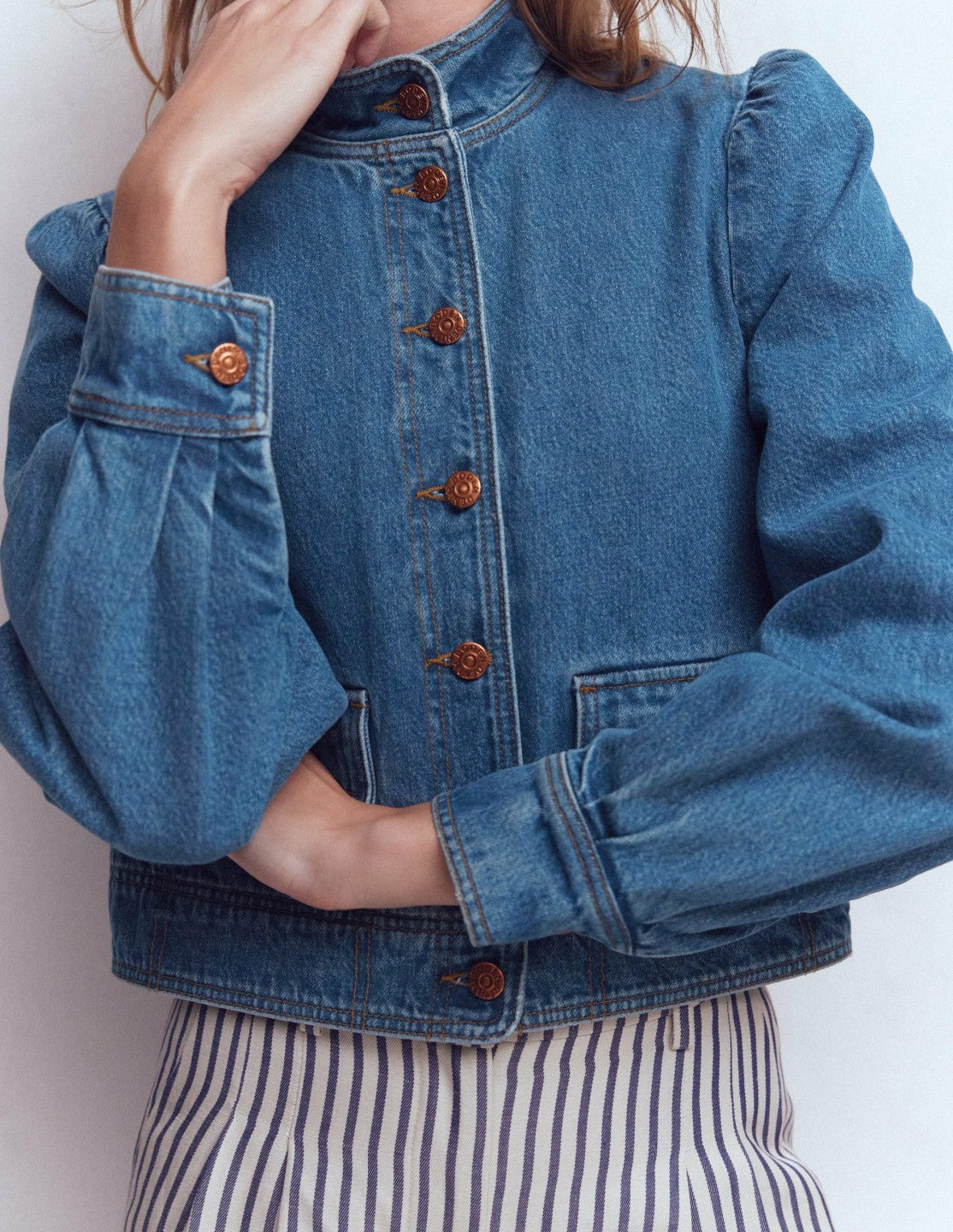 Boden Women Topstitch Denim Jacket-Mid Wash, Denim