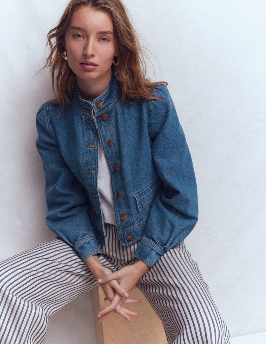 Boden Women Topstitch Denim Jacket-Mid Wash, Denim