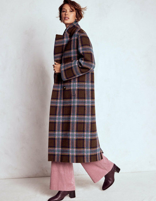 Boden Women Cocoon Wool Coat-Brown, Teal and Pink Check