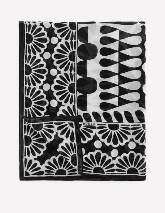 Boden Women Printed Sarong Scarf-Black, Geo Stamp
