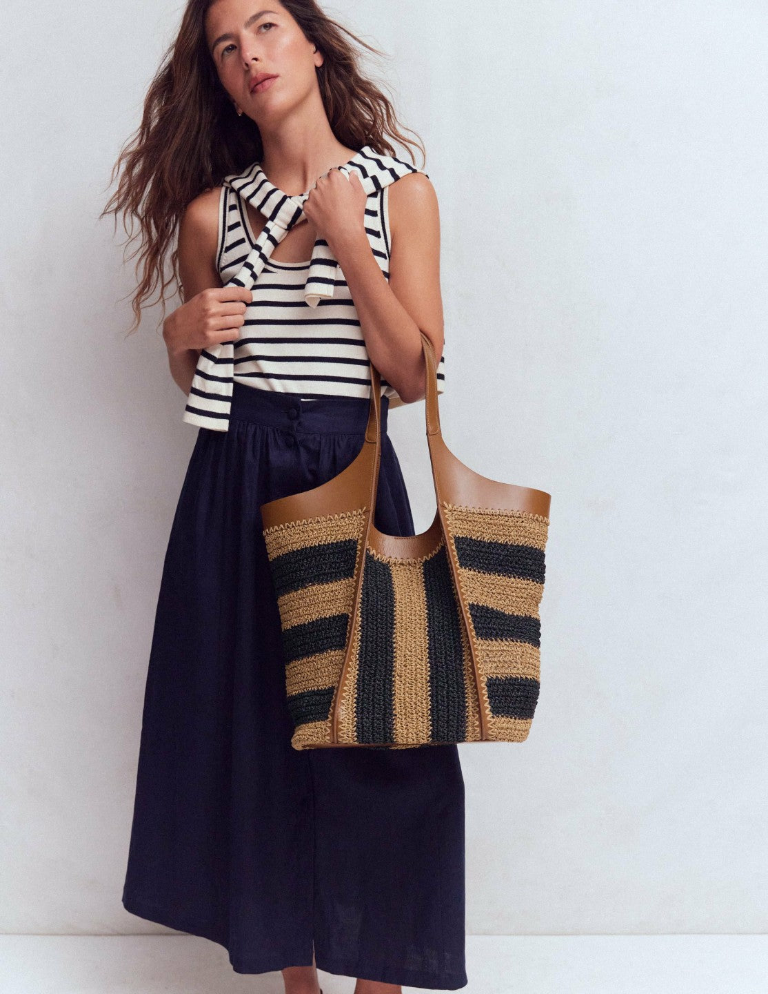 Boden Women Straw Tote-Navy/Natural Stripe