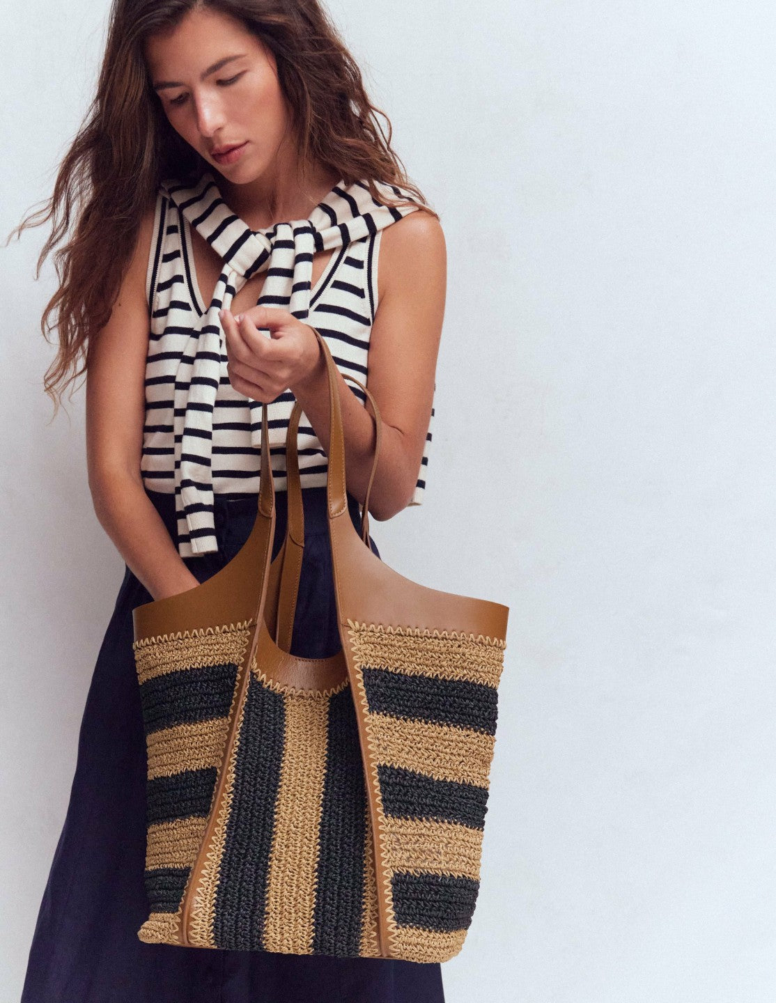 Boden Women Straw Tote-Navy/Natural Stripe