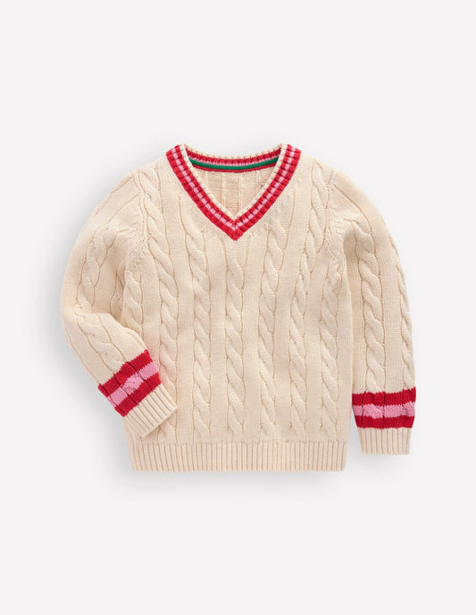 Boden Girls V-neck Cable Sweater-Ecru Marl