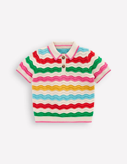 Boden Girls Pointelle Knitted Polo Top-Ecru Marl Multi Wave
