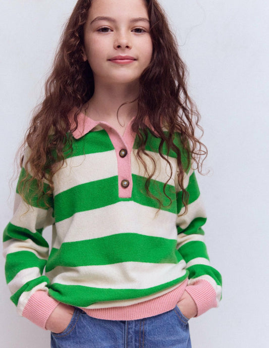 Boden Girls Knitted Rugby Sweater-Pea Green/Ecru Marl