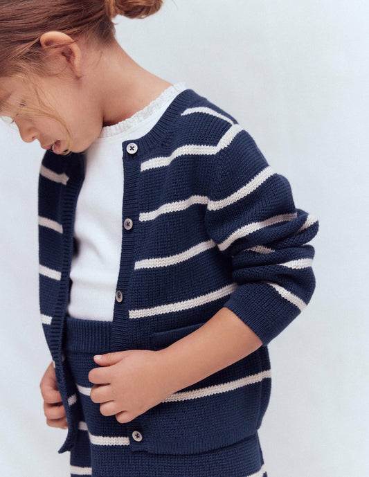 Boden Girls Crew Neck Knitted Jacket-College Navy/Soft Ivory Stripe
