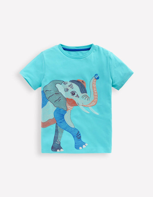 Boden Boys Superstitch T-Shirt-Aqua Sea Blue Elephant