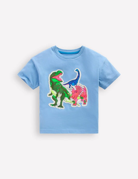 Boden Boys Short Sleeve Badge T-shirt-Glacier Blue Dino