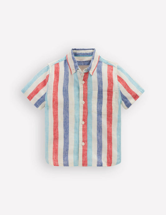 Boden Boys Cotton Linen Shirt-Blue and Red Stripe