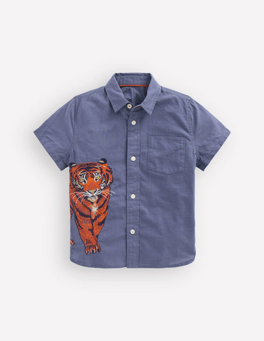 Boden Boys Superstitch Shirt-Vintage Indigo Tiger