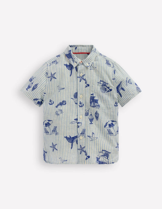 Boden Boys Cotton Linen Shirt-Stripe Seaside