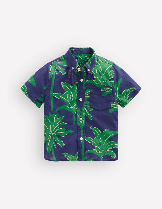 Boden Boys Cotton Linen Shirt-Green Palm Trees