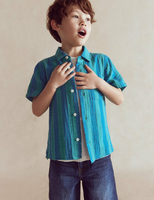 Boden Boys Double Cloth Shirt-Green and Blue Stripe