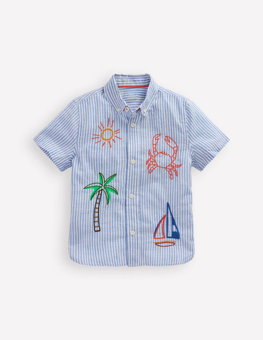 Boden Boys Embroidered Short Sleeve Shirt-Sea Side Embroidery