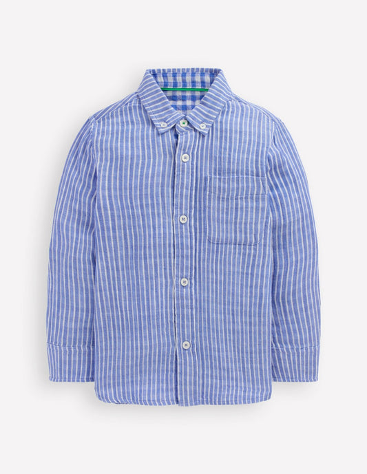 Boden Boys Double Cloth long Sleeve Shirt-Blue Stripe and Gingham