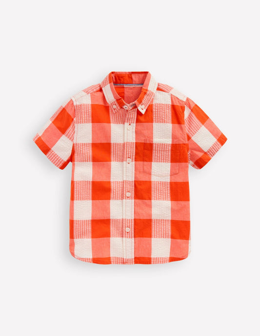 Boden Boys Cotton Gingham Shirt-Orange Seersucker