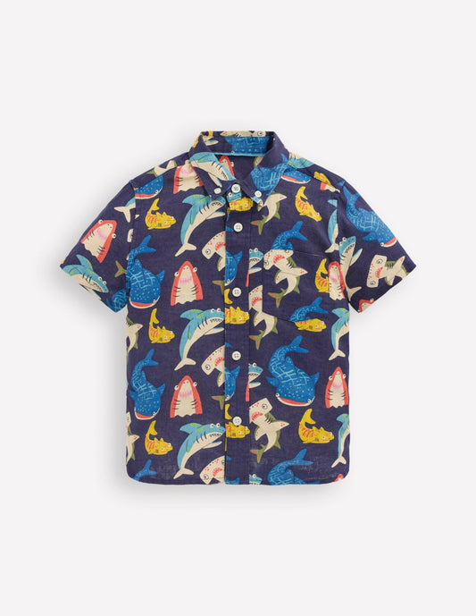 Boden Boys Cotton Linen Shirt-College Navy Multi Sharks