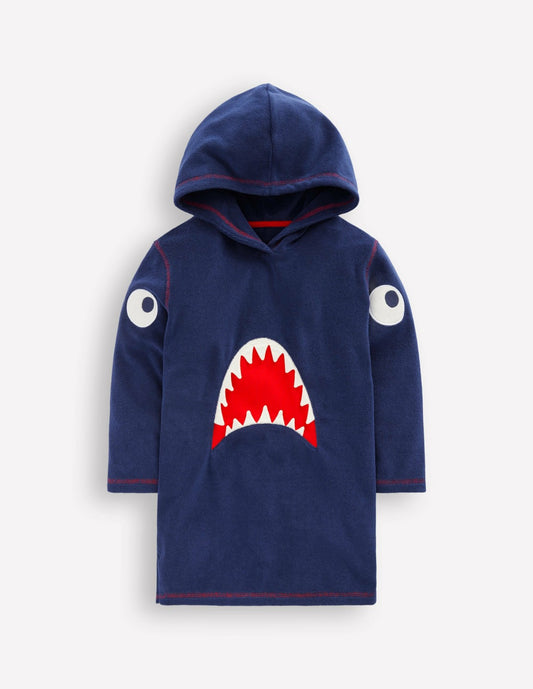 Boden Boys Appliqué Towelling Throw-on-Navy Shark