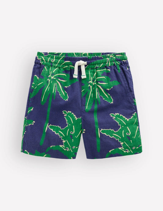 Boden Boys Cotton Linen Shorts-Green Palm Trees