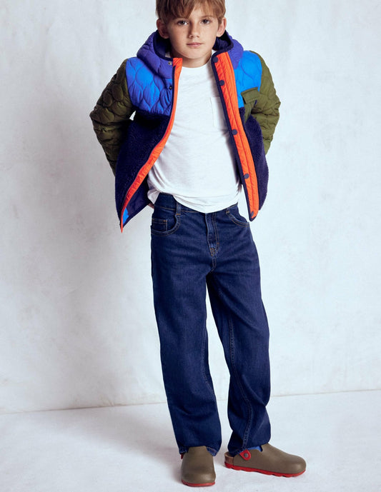 Boden Boys|Baby Quilted Borg Jacket-Classic Khaki Colourblock