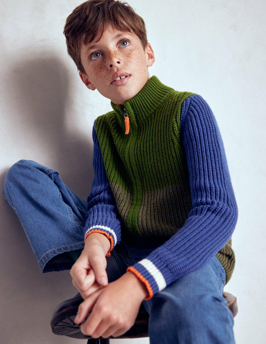 Boden Boys Chunky Zip-Through Jumper-Green
