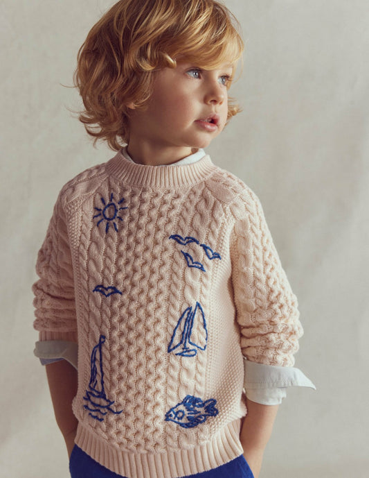 Boden Boys Cable Embroidered Sweater-Warm Ivory