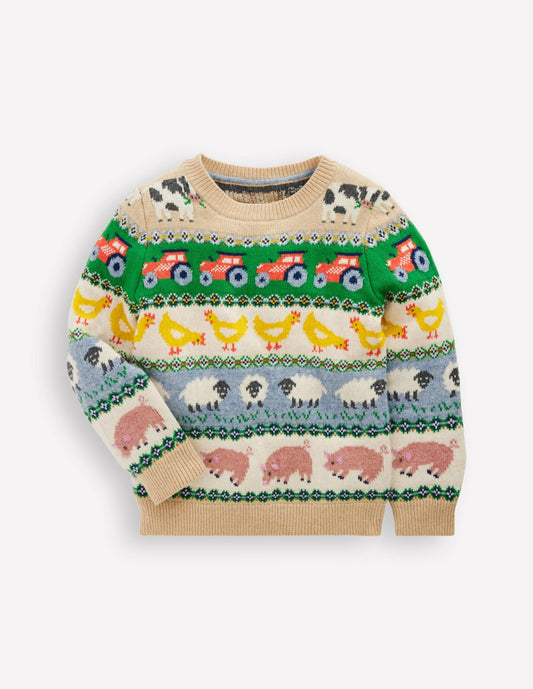 Boden Boys Fair Isle Jumper-Farm Animals