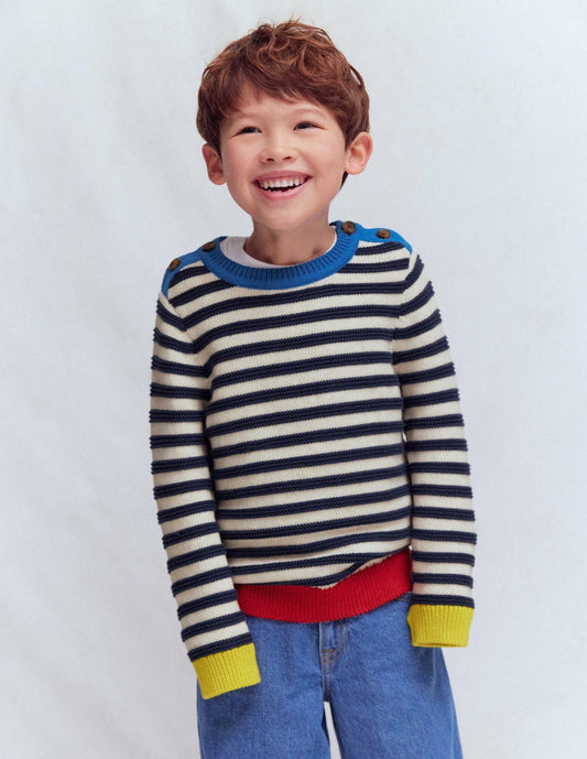 Boden Boys Chunky Sweater-Navy Marl and Ecru Stripe
