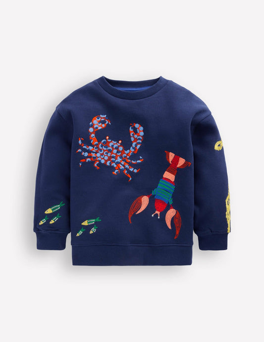 Boden Boys Embroidered Sweatshirt-College Navy Seacreatures
