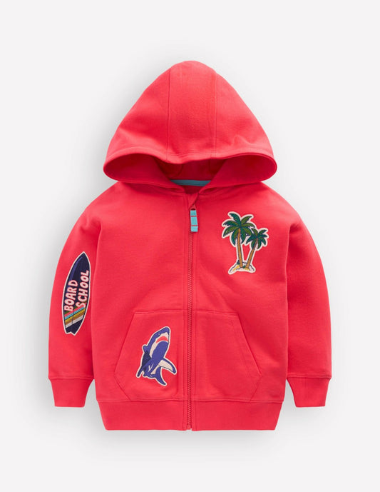Boden Boys Badge Superstitch Hoodie-Jam Red Holiday
