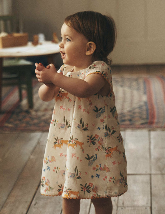 Boden Baby Floaty Shirred Dress-Ivory Jungle Animals